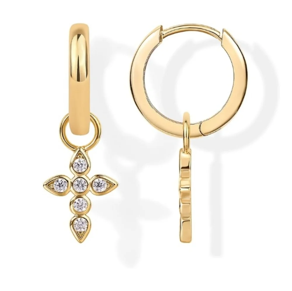 14K Gold Plated Lightweight Drop Dangle Huggie Hoop Cross Earrings